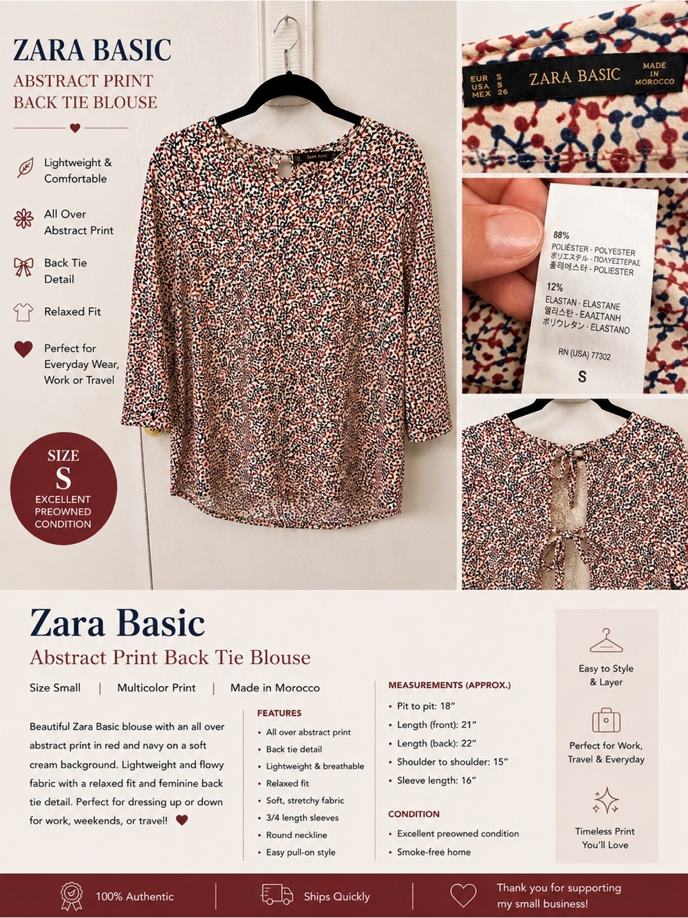 Zara Cream, Black and Red Abstract Print Back-Tie Blouse